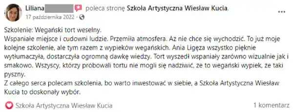 Opinia o szkoleniu wegański tort weselny w Szkole Artystycznej Wiesława Kuci Opinia o szkoleniu wegański tort weselny w Szkole Artystycznej Wiesława Kuci