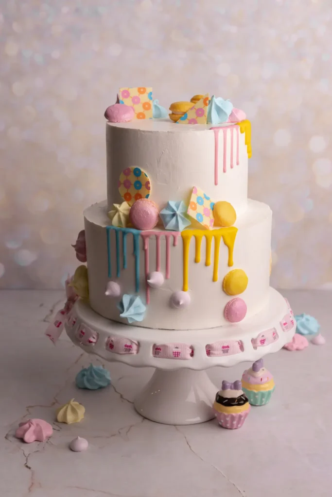 Tort z kolorowym dripem na błyszczącym tle