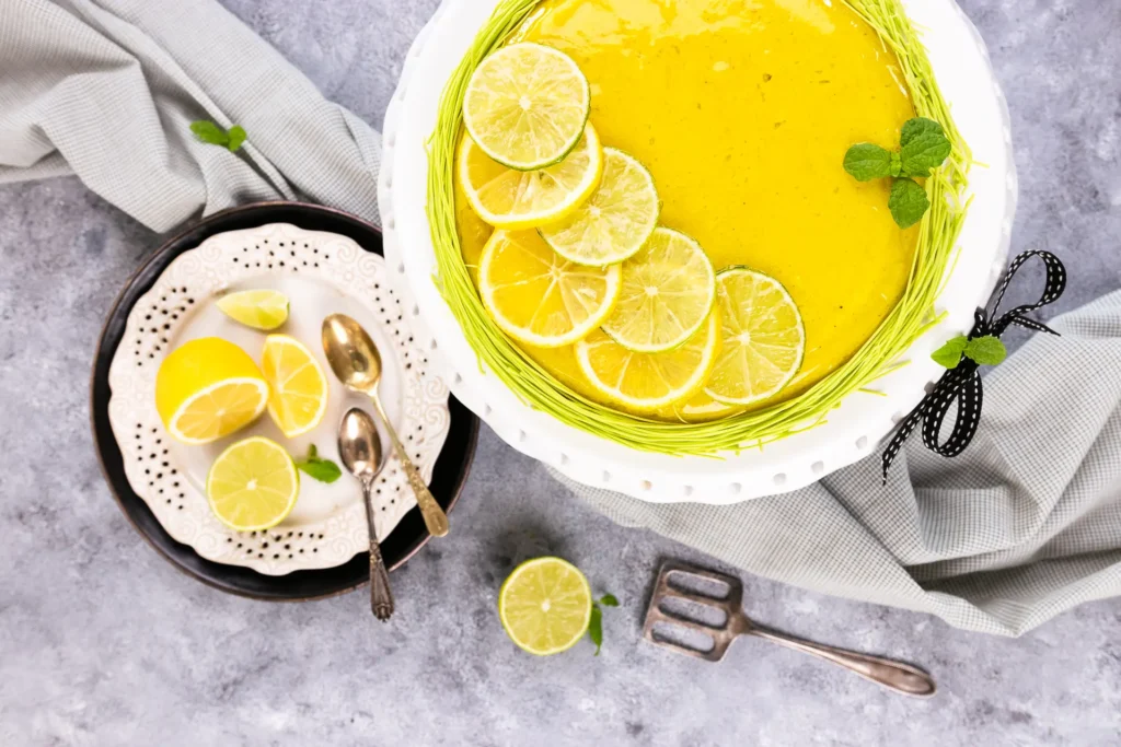 Tarta cytrynowa na biało szarym tle