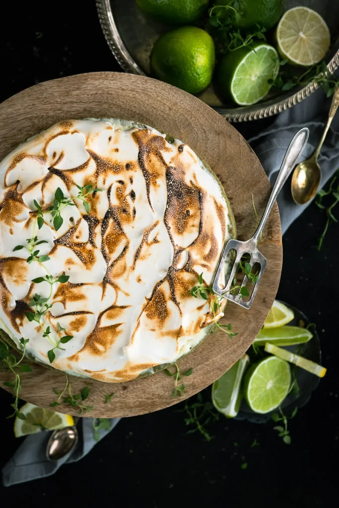 Tarta z paloną bezą na drewnianej paterze z limonkami