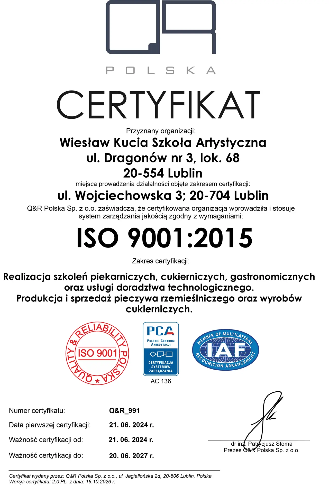 Aktualny certyfikat Szkoły Artystycznej Wiesław Kucia w Lublinie